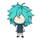  the character has a large chibi-style head with no facial features (faceless), and messy, layered, voluminous hair flowing slightly to the left. the hair is colored in shades of turquoise and teal with pixe