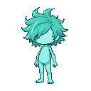 a pixel character in retro 16-bit style, with a faceless head and messy, voluminous hair flowing to the side. the character stands in a neutral pose, body shaded with turquoise and teal tones that create a glowing, crystal-like effect. proportions are chi
