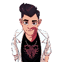 a guy with a charismatic, combed-back hair and an anatomical, retrofuturistic heart pattern on a black t-shirt, and a white coat.