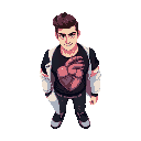 a guy with a charismatic, combed-back hair and an anatomical, retrofuturistic heart pattern on a black t-shirt, and a white coat.