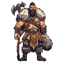 ancient turkic warrior with a wolf skin on his shoulders, large build, long hair tied back, slightly long beard, carrying a battle axe on his back