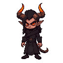 2d pixel character whic is erlik han from turkish mythology he has red eye which is made from fire and long black haris he has a pair of horns and he is wearing long black robe make it more evil