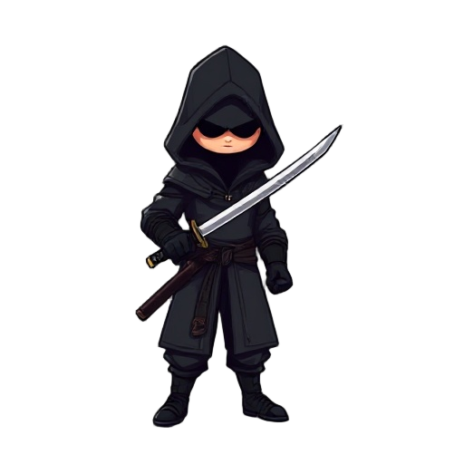 2d pixel game character which is assassin wearing black clothes and having katana
