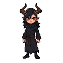 2d pixel character whic is erlik han from turkish mythology he has red eye which is made from fire and long black haris he has a pair of horns and he is wearing long black robe