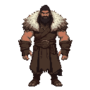 he wears a wolf skin on his shoulders he is well built and has a large body he has a long coat and a thick belt around his waist his arms are large and muscular his long black hair is tied back turkic
