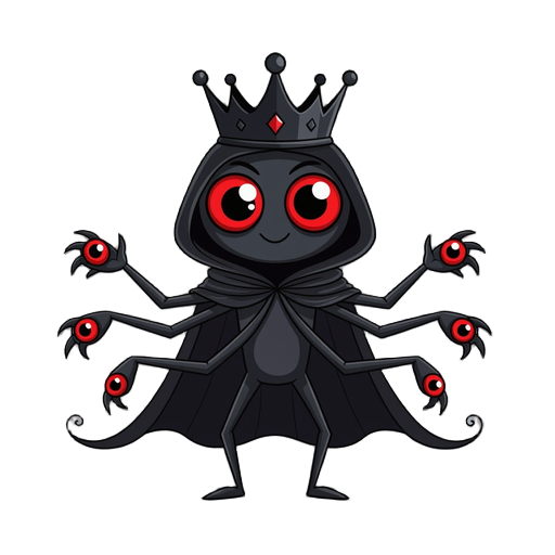 a human-like spider with four eyes, four red pupils, four arms, two legs, two tails, wearing a black cloak and a floating black crown on its head.