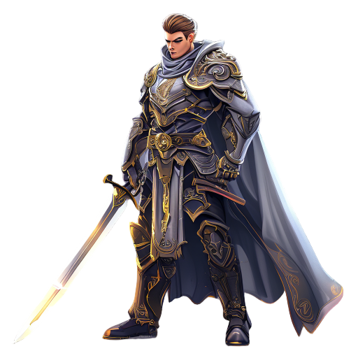 full-body fantasy warrior standing, facing right, ready combat pose, ornate sword in hand, confident expression, detailed armor and cloak, cinematic lighting, subtle magical glow, sharp focus, blurred background suggesting enemies moving right-to-left, hi