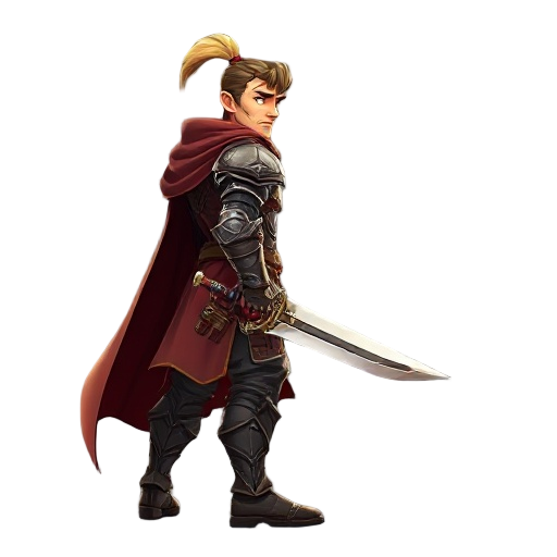 full-body fantasy warrior standing, facing right, ready combat pose, ornate sword in hand, confident expression, detailed armor and cloak, cinematic lighting, subtle magical glow, sharp focus, blurred background suggesting enemies moving right-to-left, hi