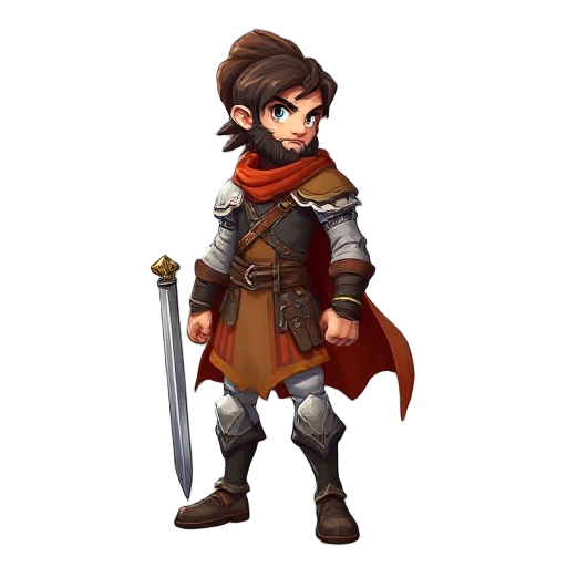 create a highly detailed, visually striking game character. the character should have a unique and memorable appearance, with a strong sense of personality and story. fantasic hero maybe mediaval, sideway(facing right) for 2d game with weapon(sword)