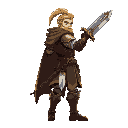 full-body fantasy warrior standing, facing right, ready combat pose, ornate sword in hand, confident expression, detailed armor and cloak, cinematic lighting, subtle magical glow, sharp focus, blurred background suggesting enemies moving right-to-left, hi