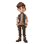 young man with rusty hair, blue vest, beige t-shirt and brown pants and shoes