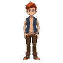 young man with rusty orange hair, blue vest, beige t-shirt and brown pants and shoes