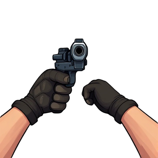 gun aimed forward from a first-person view ,realistic male arms holding a modern pistol aiming forward,  realistic textures , tactical gloves