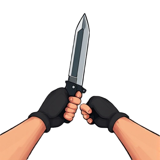 first-person shooter perspective, realistic male arms holding a combat knife in ready position
