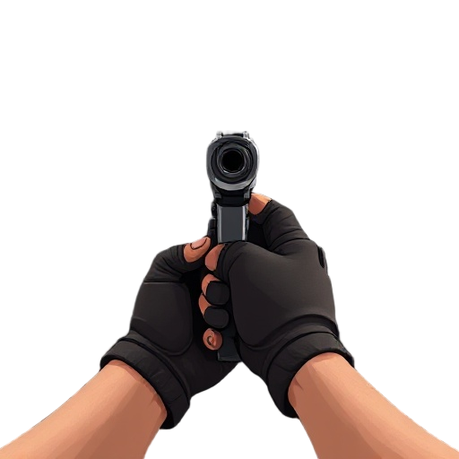 first-person shooter view, realistic male arms holding a modern pistol, fps camera perspective, gun centered in frame, tactical gloves, dark background or urban warzone, detailed textures, dramatic li