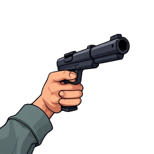 first-person shooter perspective, realistic male arms holding a realistic pistole in ready position 