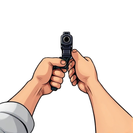 first-person shooter perspective, realistic male arms holding a modern pistol aimed forward into the distance, pistol not pointing at the viewer, fps view from player’s perspective, arms extended, pis