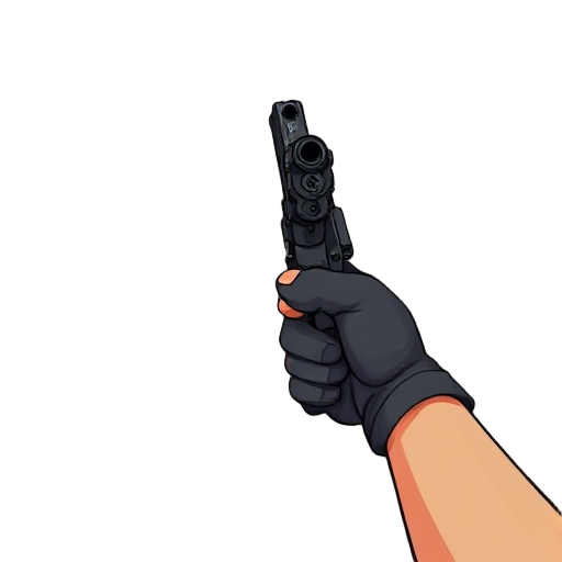 first-person shooter perspective, realistic male arms holding a combat pistole in ready position 