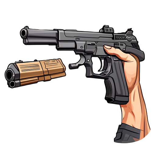 first-person shooter perspective, realistic male arms holding a realistic pistole in ready position 