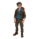 in isometric view, he is a survivor of a zombie apocalypse, he is a young adult, wearing cargo jeans, a travel backpack, a blue shirt, a tool belt, leather jacket, boots and glasses, brown hair, light