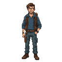 in isometric view, he is a survivor of a zombie apocalypse, wearing cargo jeans, a travel backpack, a blue shirt, a tool belt, leather jacket, boots and glasses, brown hair look cool and cartoon