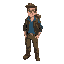 in isometric view, he is a survivor of a zombie apocalypse, he is a young adult, wearing cargo jeans, a travel backpack, a blue shirt, a tool belt, leather jacket, boots and glasses, brown hair, light