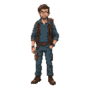 in isometric view, he is a survivor of a zombie apocalypse, wearing cargo jeans, a travel backpack, a blue shirt, a tool belt, leather jacket, boots and glasses, brown hair look cool