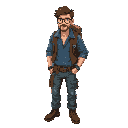 in isometric view, he is a survivor of a zombie apocalypse, wearing cargo jeans, a travel backpack, a blue shirt, a tool belt, leather jacket, boots and glasses, brown hair look cool
