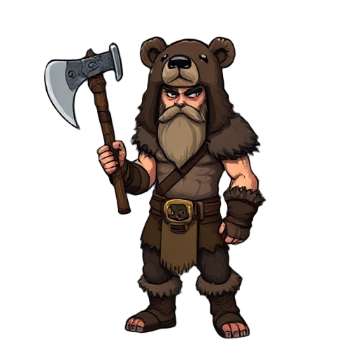 a berserker holding an axe wearing a skinned bear fur, the bears head as a hat, dark comic book style