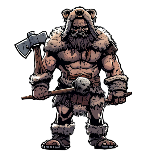 a berserker holding an axe wearing a skinned bear fur, the bears head as a hat, dark comic book style