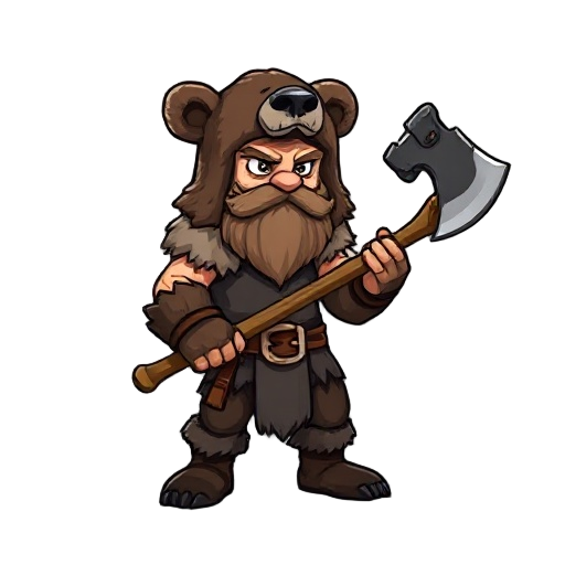 a berserker holding an axe wearing a skinned bear fur, the bears head as a hat