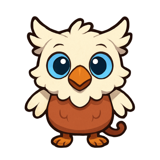 a cute fantasy creature with white feathers, big blue eyes, an orange beak, short wings, reddish-brown body and legs, and a small curled tail, standing with a playful expression.