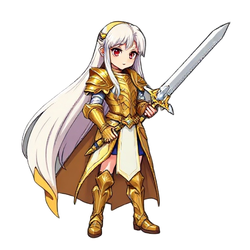 a female character in full body wearing golden armor in anime, long white hair, red eyes, holding a holy sword in 2d pixel 8-bit style, no background, face right