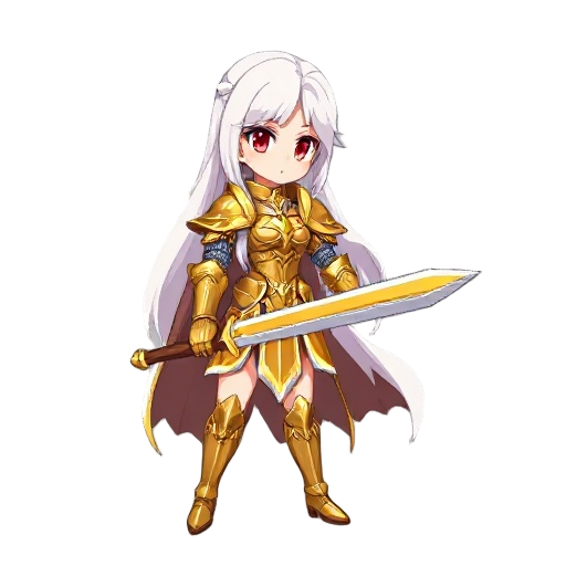 a female character in full body wearing golden armor in anime, long white hair, red eyes, holding a holy sword in 2d pixel 8-bit style, no background, face right