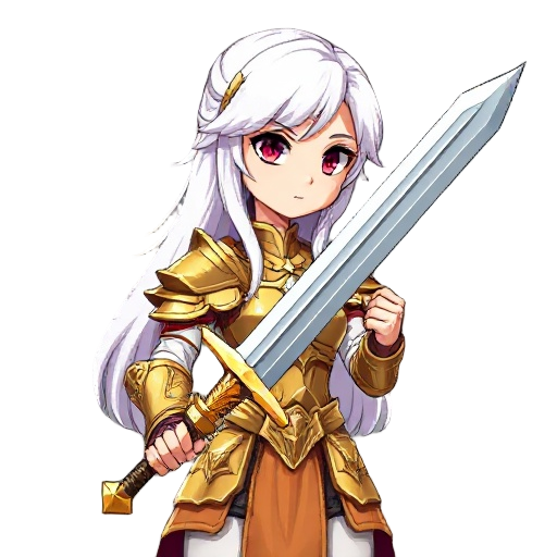 a female character in full body wearing golden armor in anime, long white hair, red eyes, holding a holy sword in 2d pixel 8-bit style, no background, face right