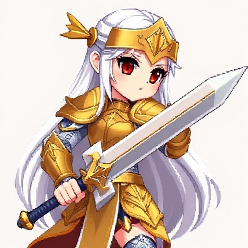 a female character in full body wearing golden armor in anime, long white hair, red eyes, holding a holy sword in 2d pixel 8-bit style, no background, face right