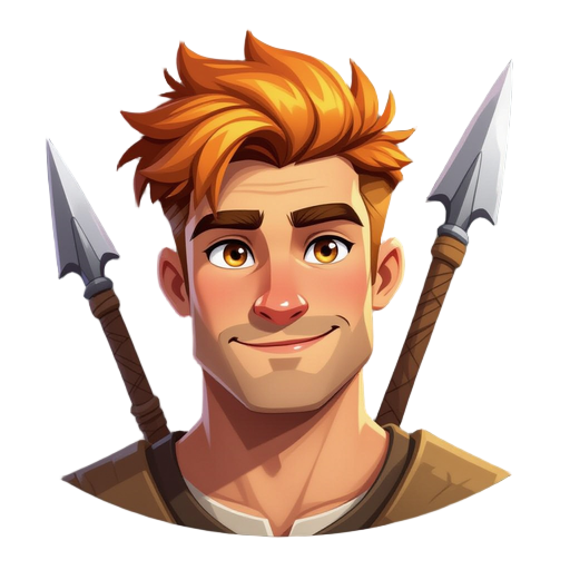 a firm, resilient, and tenacious man. his hair color is somewhere between orange and blond. his eyes are honey-colored, and his complexion is tanned. he is very skilled with a spear.