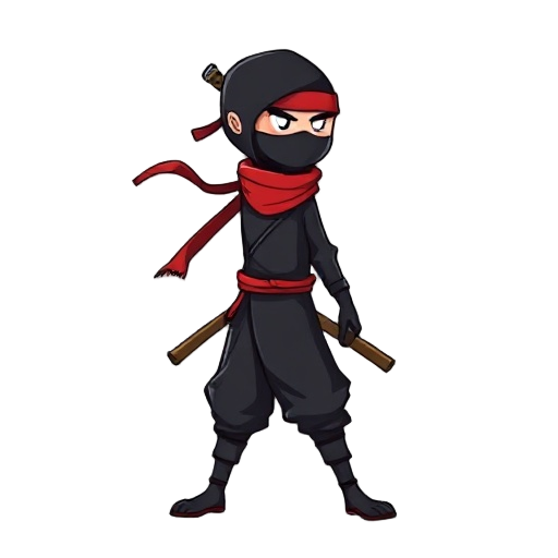 side view 2d ninja character in clean vector style, black outfit and red scarf, standing balanced walking pose, cel shaded, sharp lines, simple background, game character sprite