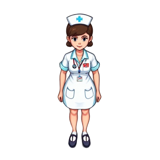 "2d pixel art sprite of a nurse standing in a top-down view, wearing a classic medical uniform with a cap and id badge, simple shading, arms at sides, facing downward (towards screen), for use in a re