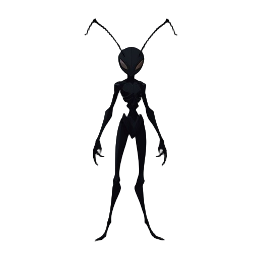 create a semi-realistic 2d game character for a dark fantasy world. the character is a mysterious ant-like being, standing upright like a humanoid but with insect-inspired features. the design should be silhouetted and elegant, similar in tone to hollow k