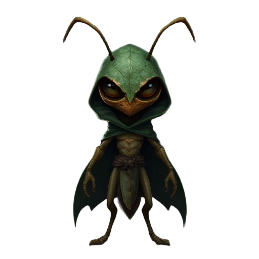 create a high-definition 2d fantasy game character in a cinematic art style. the character is a mysterious ant-like creature, humanoid in posture but with subtle insect details. it wears a cloak made from dark green leaf textures and a mask crafted from a