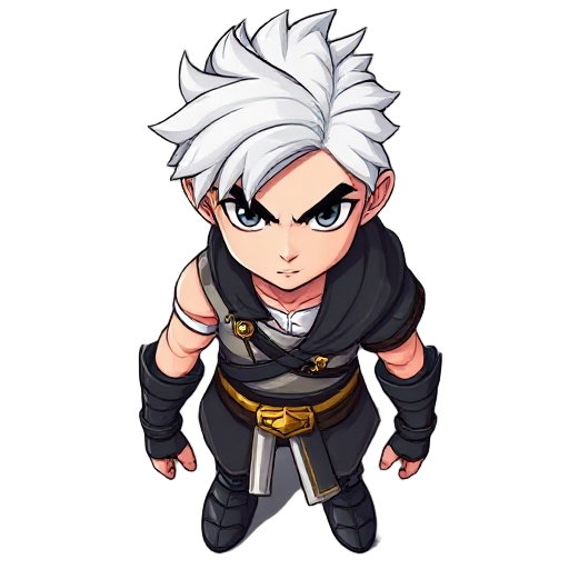 a white-skinned young warrior with half-white, half-black hair, wearing dark leather and a golden-yellow belt. fierce eyes, deadly gaze — a main character in my game.