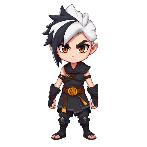 a white-skinned young warrior with half-white, half-black hair, wearing dark leather and a golden-yellow belt. fierce eyes, deadly gaze — a main character in my game.