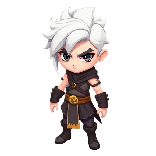 a white-skinned young warrior with half-white, half-black hair, wearing dark leather and a golden-yellow belt. fierce eyes, deadly gaze — a main character in my game.