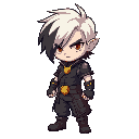 a white-skinned young warrior with half-white, half-black hair, wearing dark leather and a golden-yellow belt. fierce eyes, deadly gaze — a main character in my game.