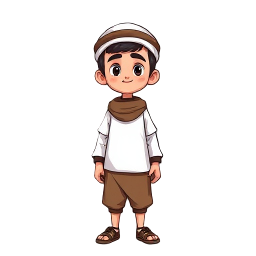 arab young boy with white top and brown shirts, with skullcap