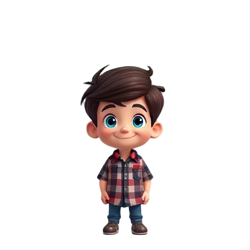 boy with dark brown hair and blue eyes, in a plaid shirt, smiling gently in a park with soft lighting