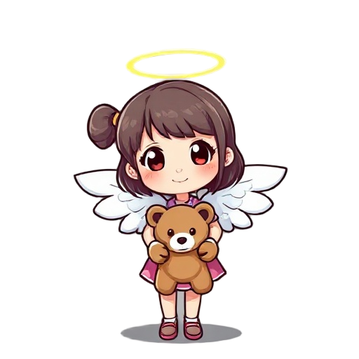 a girl with angel wings and a halo above her head, holding a teddy bear-shaped toy