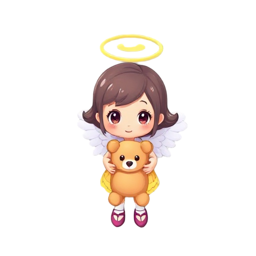 a girl with angel wings and a halo above her head, holding a teddy bear-shaped toy