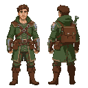 male adventurer, green cloth and leather coat with down hood, leather cuffs and greaves, leather backpack and trim. dark brown hair, grey chainmail undercoat